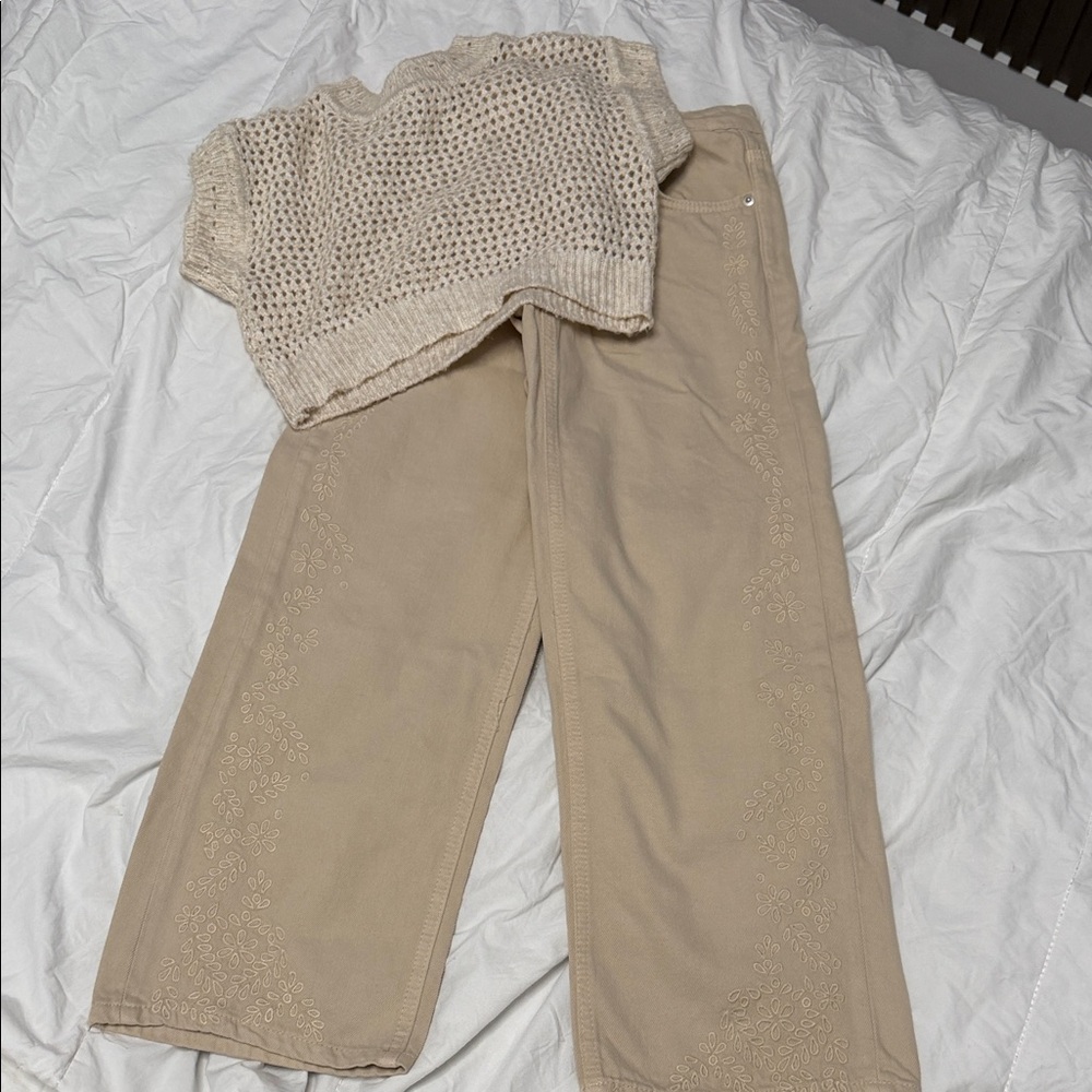 Zara Beige Embroidered Wide-Leg Pants